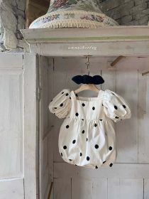 Baby Girl Polka Dot Pattern Square Collar Puff-Sleeved Onesies (Color: Apricot, Size/Age: 66 (3-6M))