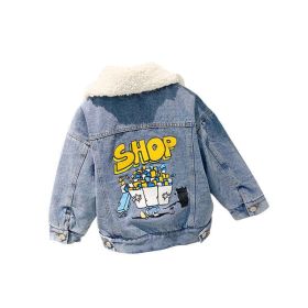 Baby Cartoon & Slogan Pattern Lapel Design Berber Fleece Denim Coat (Color: Blue, Size/Age: 110 (3-5Y))
