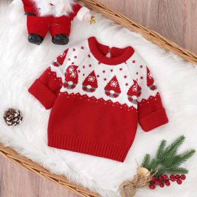 Baby Christmas Print Pattern Crewneck Pullover Knitwear Sweater (Color: Red, Size/Age: 73 (6-9M))