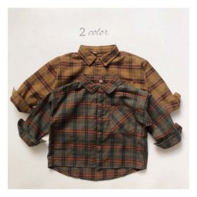 Baby Plaid Pattern Vintage Style Lapel Design Shirt (Color: Green, Size/Age: 120 (5-7Y))