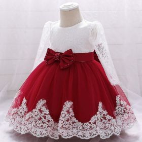 Baby Girl Bow Patched Design Long Sleeves Full Moon Christening Mesh Formal Dress (Color: Wine, Size/Age: 73 (6-9M))