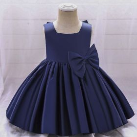 Baby Girl Solid Color Bow Patched Design Sleeveless Western Style Satin Dress (Color: Navy Blue (Dark Blue), Size/Age: 90 (12-24M))