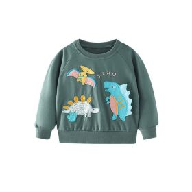 Baby Cartoon Dinosaur Embroidered Pattern O-Neck Hoodies (Color: Green, Size/Age: 120 (5-7Y))