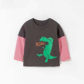 Baby Boy Cartoon Dinosaur Pattern Striped Contrast Sleeves Shirt (Color: Brown, Size/Age: 90 (12-24M))