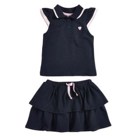 Baby Girl Heart Embroidered Pattern Polo-Neck Shirt And Layered Solid Short Skirt Sets (Color: Black, Size/Age: 110 (3-5Y))