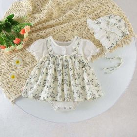 Baby Girl Floral Pattern Round Nek Short Sleeve Onesies Dress (Color: White, Size/Age: 80 (9-12M))