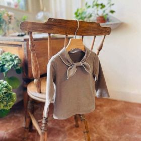 Baby Girl Solid Color Bow Tie Design Pullover Long Sleeve Tops (Color: Coffee, Size/Age: 100 (2-3Y))