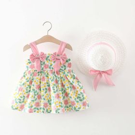Baby Girl Flower Pattern Bow Patched Design Beautiful Dress (Color: Pink, Size/Age: 90 (12-24M))