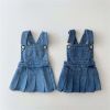 Baby Girl Denim Fabric Strap Design Pleated Dress Fashion Korean Style Dress